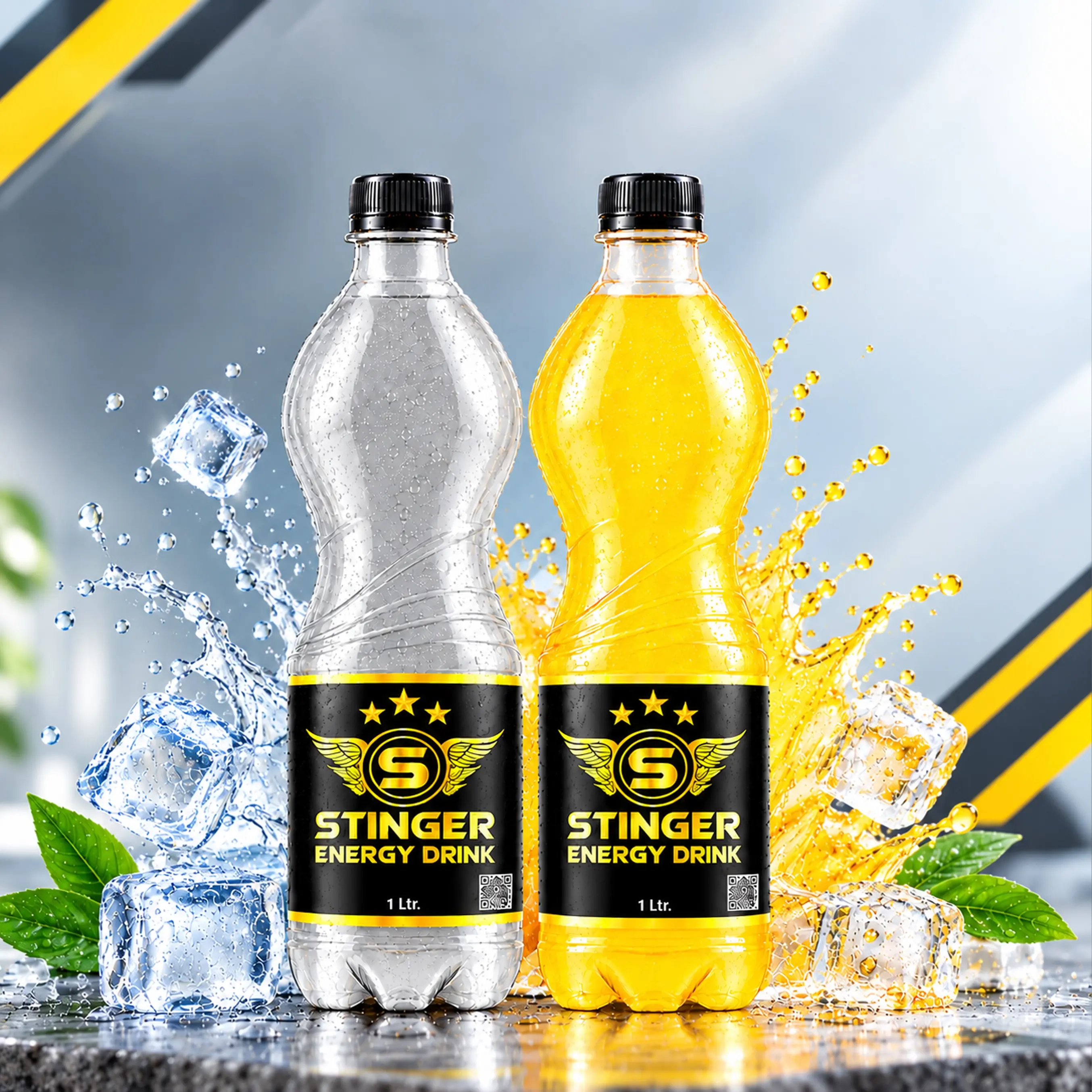 STINGER Energy Drink 1 L clear and golden PET bottles with ice cubes and refreshing liquid splashes.
